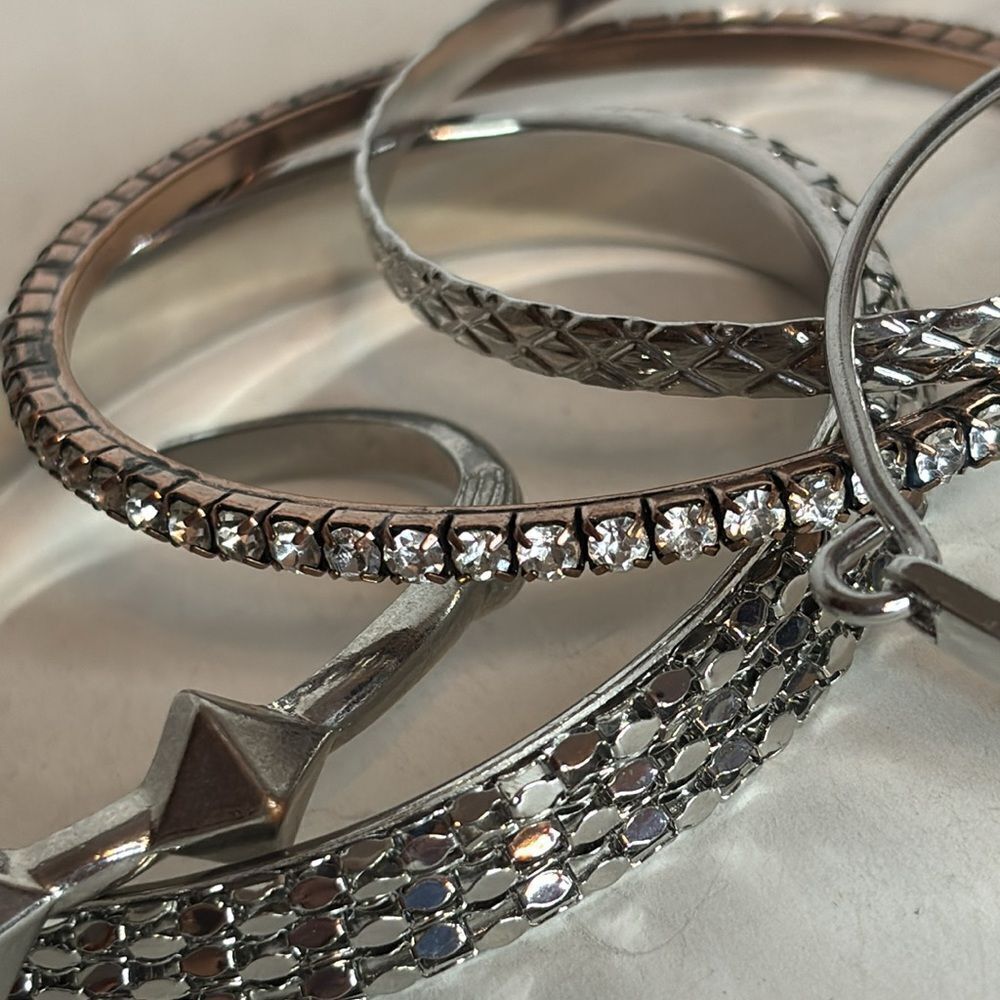 Silver Tone Stack Of Assorted Bangle Bracelets Rh… - image 5
